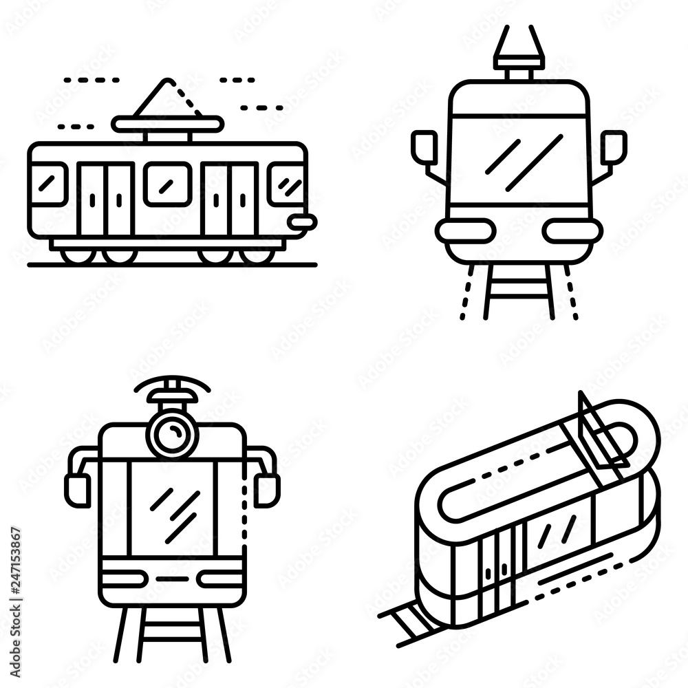 Poster tram car icons set. outline set of tram car vector icons for web design isolated on white background