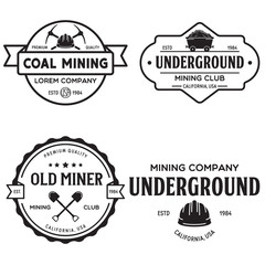 Set of mining or construction logos, badges, emblems and labels in vintage style. Monochrome Graphic Art. Vector Illustration.