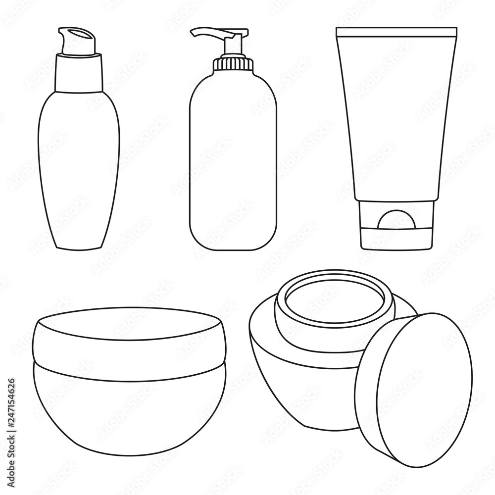 Poster line art black and white cosmetic bottles set