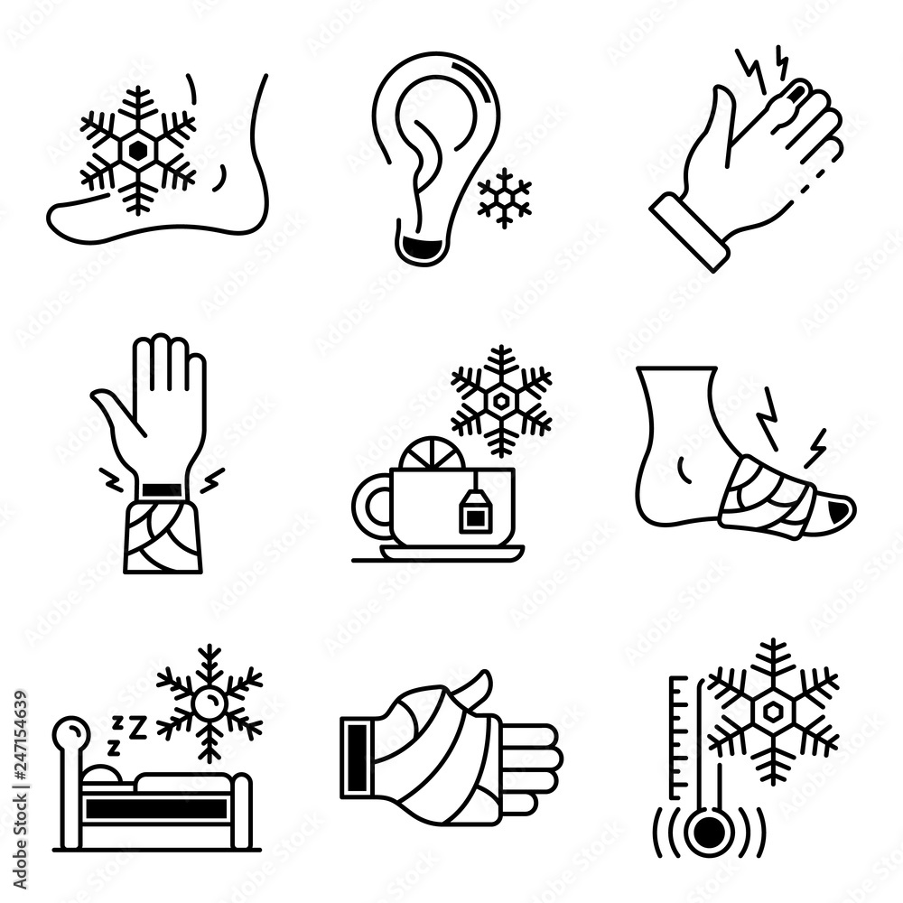Poster frostbite icons set. outline set of frostbite vector icons for web design isolated on white backgrou