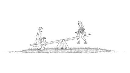 Children on a seesaw - Pencil drawing - isolated on white background