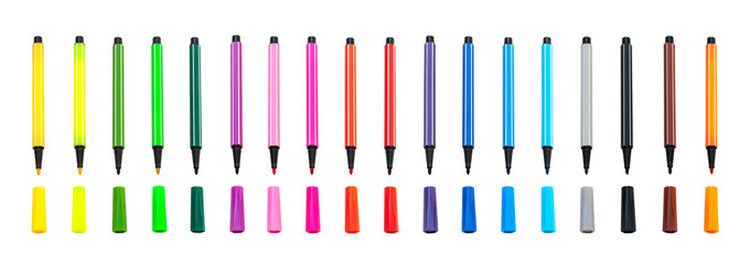 Row of Colorful magic pens with cap isolated on white background.