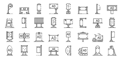Outdoor advertising icons set. Outline set of outdoor advertising vector icons for web design isolated on white background