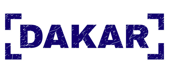 DAKAR tag seal print with distress effect. Text tag is placed inside corners. Blue vector rubber print of DAKAR with dirty texture.
