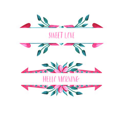 Watercolor frames in pink and turquoise colors with flowers and romantic arrows. Floral borders with watercolor texture. Isolated on a white background. For spring greeting card or romantic design.