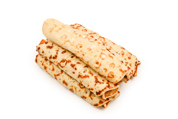 Pancakes with curd isolated on white background.