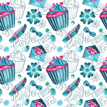 Watercolor seamless romantic pattern in mint, pink and turquoise colors with watercolor and lineart elements. Beautiful background with hearts, envelops, cupcakes and flowers for spring design