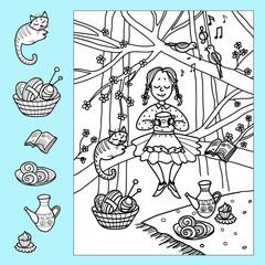 Girl sitting on a tree with a cat, a book and needlework and drinking tea. The birds are singing. Spring illustration.
