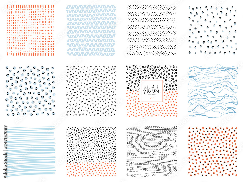 Wall mural set of abstract square backgrounds and sketch dots textures. vector illustration.