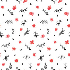 Contrast black and red on white seamless pattern with hand drawn inky flowers and branches. Trendy traditional chinese ink floral elements texture for textile, wrapping paper, surface, wallpaper