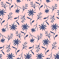 Tender blue on pink seamless pattern with hand drawn inky flowers and leaves with light shadow. Trendy chinese ink floral elements texture for textile, wrapping paper, cover, surface, wallpaper