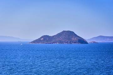 Beautiful sea landscape with blue sky on sunny day in Bodrum, Turkey. Vacation Outdoors Seascape Summer Travel Concept