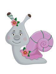 Snail with pink shell and flowers on white background..