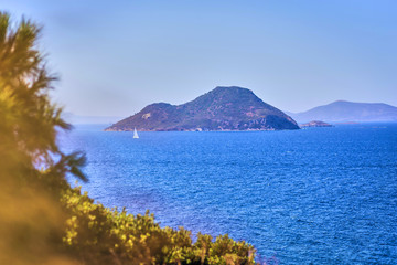 Beautiful sea landscape with blue sky on sunny day in Bodrum, Turkey. Vacation Outdoors Seascape Summer Travel Concept