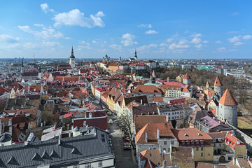 Wide angle view on the Tallinn Old Town from the tower of St. Olaf's Church in sunny spring day,...