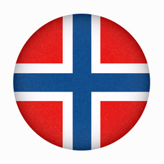 Obraz premium Norway flag in circle shape. Scandinavian country. Isolated button of Norwegian banner with scratched texture, grunge. Flat style, vector with noise, marble textured background. Square orientation.