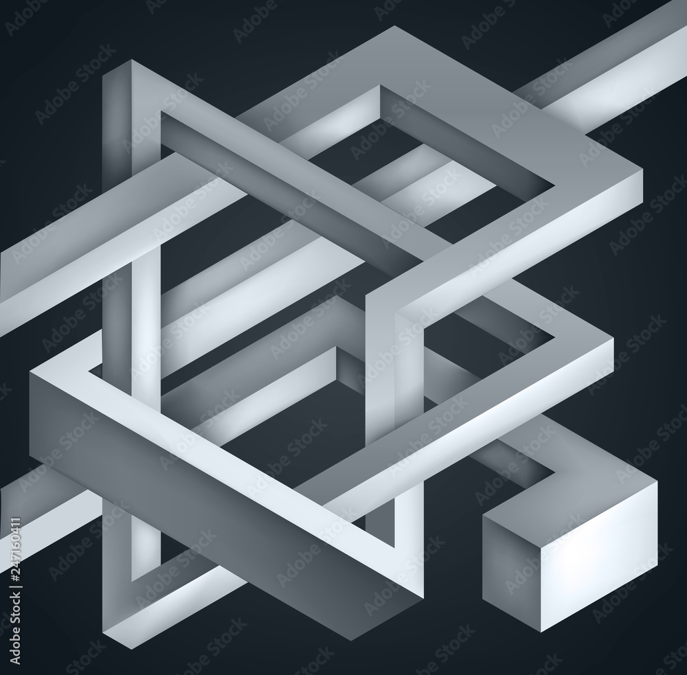 Poster 3d twisted composition of abstract forms. shapes puzzle. vector unreal construction on dark backgrou