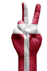 and making victory sign, Denmark painted with flag as symbol of victory, win, success - isolated on white background