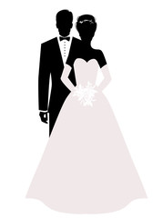 Obraz na płótnie Canvas Silhouettes of newlyweds couple wearing wedding clothes. Classic Style. Elegant groom and beautiful bride holding bridal bouquet.