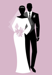 Silhouettes of newlyweds couple wearing wedding clothes. Classic Style. Elegant groom and beautiful bride holding bridal bouquet.