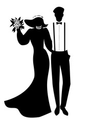 Silhouettes of newlyweds couple wearing wedding clothes. Wide-brimmed hat for her and beret, suspenders and bow tie for him.