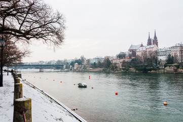 Basel, Rhein, M&uuml;nster, Kirche, Pfalz, Altstadt, Stadt, Altstadth&auml;user, Rheinufer, Grossbasel, Winter, Schweiz