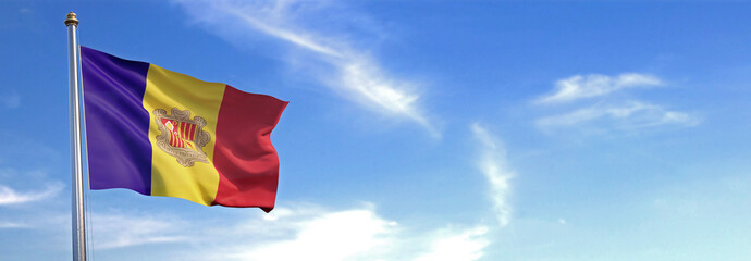 Bandera de Andorra subida ondeando al viento con cielo de fondo