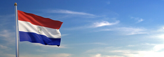 Bandera de Paraguay subida ondeando al viento con cielo de fondo - obrazy, fototapety, plakaty