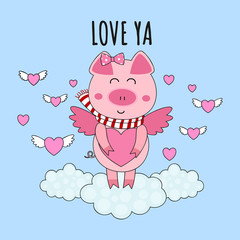 Valentine's day card cute and sweet cartoon cupid piggy holding heart,flying above cloud decorated with flying heart, wings and text ''LOVE YA" on sky blue background.