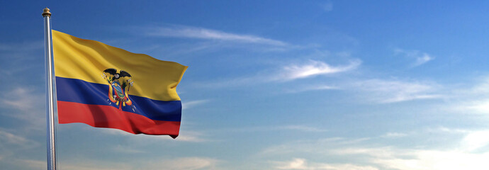 Bandera de Ecuador subida ondeando al viento con cielo de fondo - obrazy, fototapety, plakaty