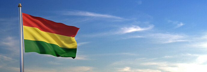 Bandera de Bolivia subida ondeando al viento con cielo de fondo - obrazy, fototapety, plakaty