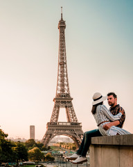 couple men and woman watching sunrise by eiffel tower paris, Eiffel tower Paris