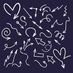 Ink doodle arrows. Handwriting scribble sketch line arrowheads isolated on dark background