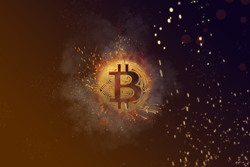 Obraz na płótnie Canvas Golden bitcoin with flame and smoke isolated on black background