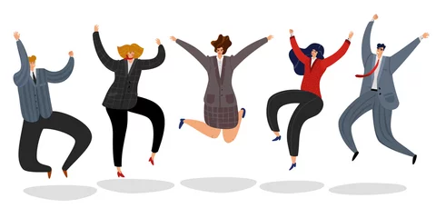 Foto auf Acrylglas Büro Geschäftsleute springen. Aufgeregt glückliche Mitarbeiter springen Cartoon motivierter Teambüroangestellter, der den Erfolg feiert