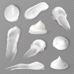Poster Realistic cosmetic cream smears. White creamy drop skincare cream product lotion thick fresh smooth smear vector texture © YummyBuum