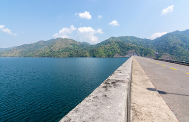 beautiful blue sky view of vajiralongkorn dam at Kanchanaburi, Thailand
