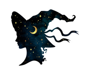 Silhouette of beautiful curly witch girl in pointy hat with crescent moon and stars in profile isolated hand drawn vector illustration.