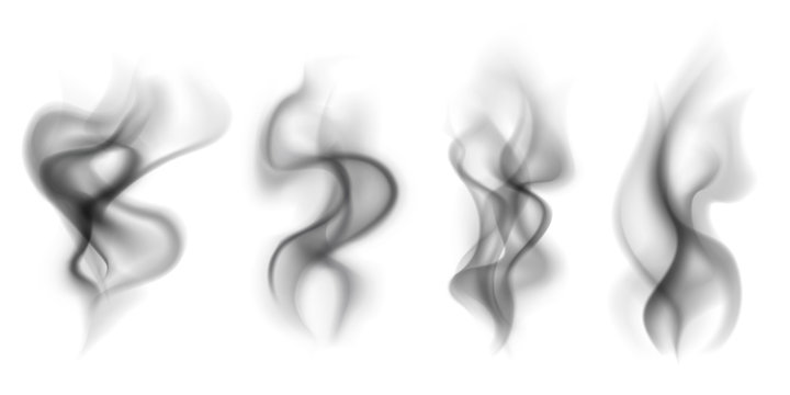 Black smoke. Transparent smoking clouds hot food steam cigarette tea coffee smoke steaming texture vector set