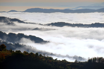 A white mist has covered Rhodope mountain in Bulgaria. Sea of thick fog. Only the high parts of the mountain can be seen.