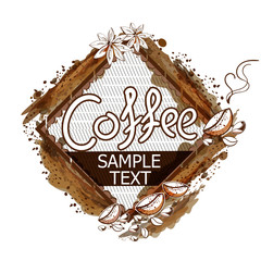 Coffee frame. Hand lettering coffee. Coffee stains on white background. Watercolor.