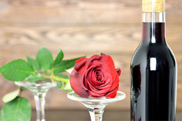 Valentines wine and red rose. Valentines Day concept