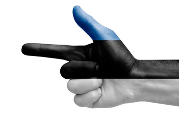 hand symbol with a sign of a gun, painted with the flag of estonia
