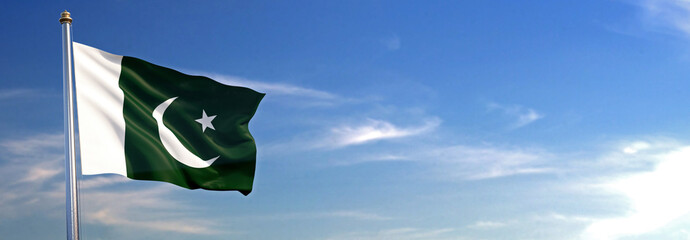 Flag of Pakistan rise waving to the wind with sky in the background - obrazy, fototapety, plakaty