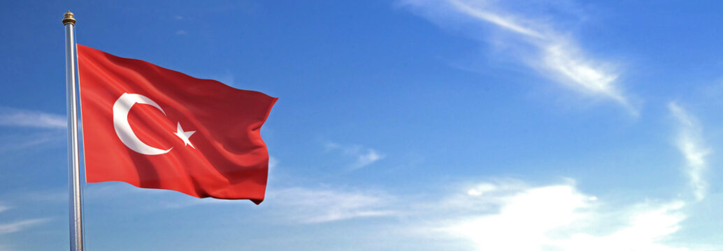 Flag of Turkey rise waving to the wind with sky in the background