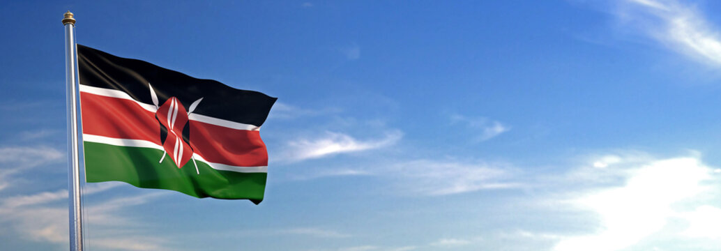 Flag of Kenya rise waving to the wind with sky in the background