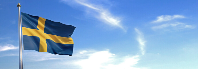 Flag of Sweden rise waving to the wind with sky in the background