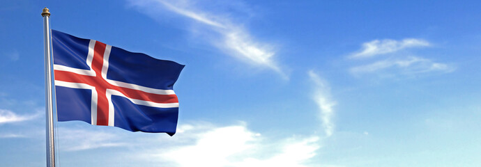 Flag of Iceland rise waving to the wind with sky in the background