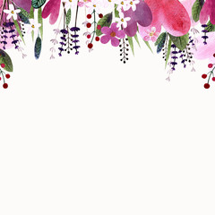 Hand draw template with hearts, leaves, herbs, lavender. Watercolor illustration
