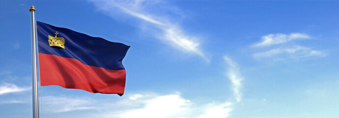 Flag of Liechtenstein rise waving to the wind with sky in the background